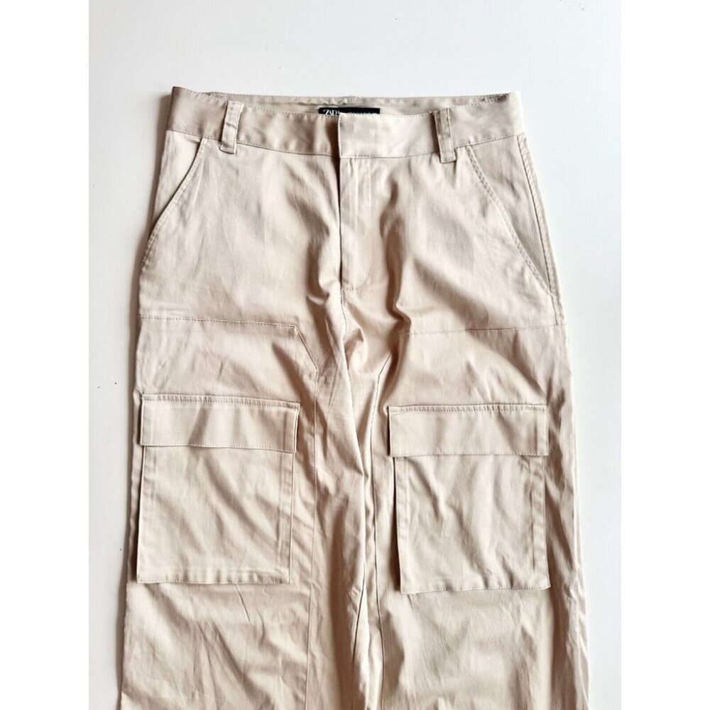 ZARA Beige Satin High Rise Cargo Wide Pants, Size M - Picture 2 of 13